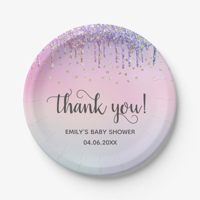 Cute Pink & Gold Rainbow Glitter Drips Baby Shower Paper Plate (Front)