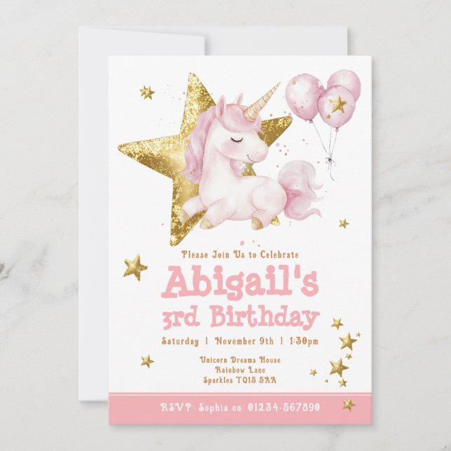 Cute Pink Gold Unicorn Girls Birthday Invitation (Front)