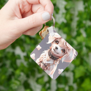 Cute Pink Golden Retriever Kids Custom Name Key Ring