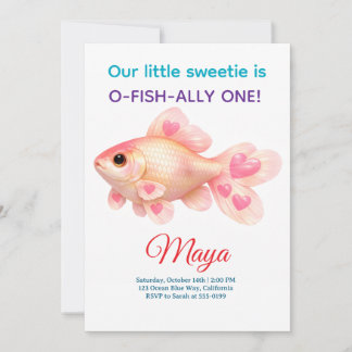 Cute Pink Goldfish O-Fish-Ally One 1st Birthday Invitation