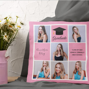 Cute Pink Graduation Senior Portrait Photo Collage Cushion