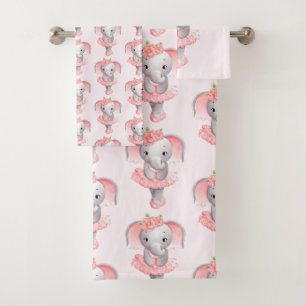 Cute Pink & Gray Elephant Ballerina Patterned Bath Towel Set