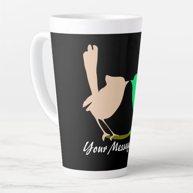 Cute pink green birds kissing on branch name latte mug (Left Angle)