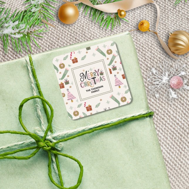 Cute Pink Green Doddle Merry Christmas  Square Sticker (Creator Uploaded)