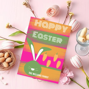 Cute Pink Green Happy Easter Bunny And Carrots Holiday Card