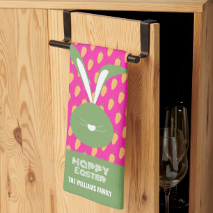Cute Pink Green Happy Easter Bunny And Carrots Tea Towel
