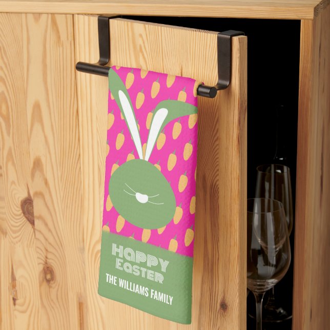 Cute Pink Green Happy Easter Bunny And Carrots Tea Towel (Thirds Fold)