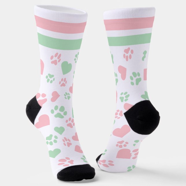 Cute Pink & Green Heart and Paw Print Pattern  Socks (Angled)