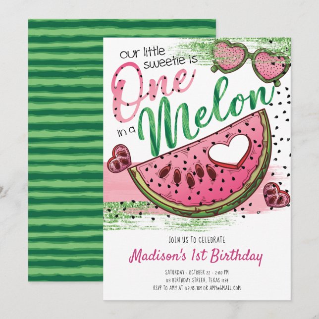 Cute Pink Green One In A Melon 1st Birthday  Invitation (Front/Back)