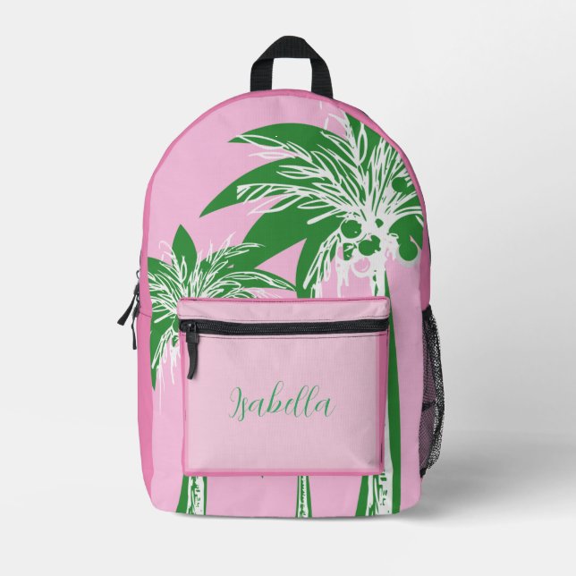 Cute Pink Green Preppy Palm Tree Monogram Name Printed Backpack (Front)