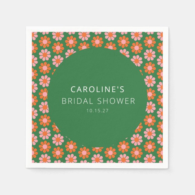 Cute Pink Green Retro Flowers Bridal Shower Custom Napkin (Front)
