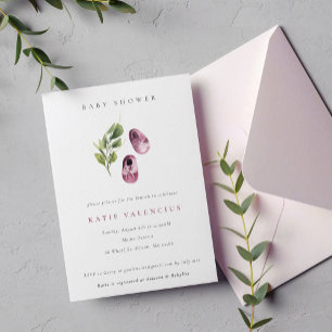 Cute Pink Green Shoes Foliage Girl Baby Shower Invitation
