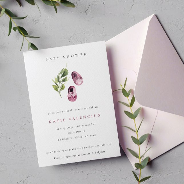 Cute Pink Green Shoes Foliage Girl Baby Shower Invitation (Creator Uploaded)