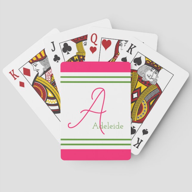 Cute Pink & Green Stripes Personalised Playing Cards (Back)