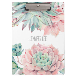 Cute pink green succulents and your name on clipboard