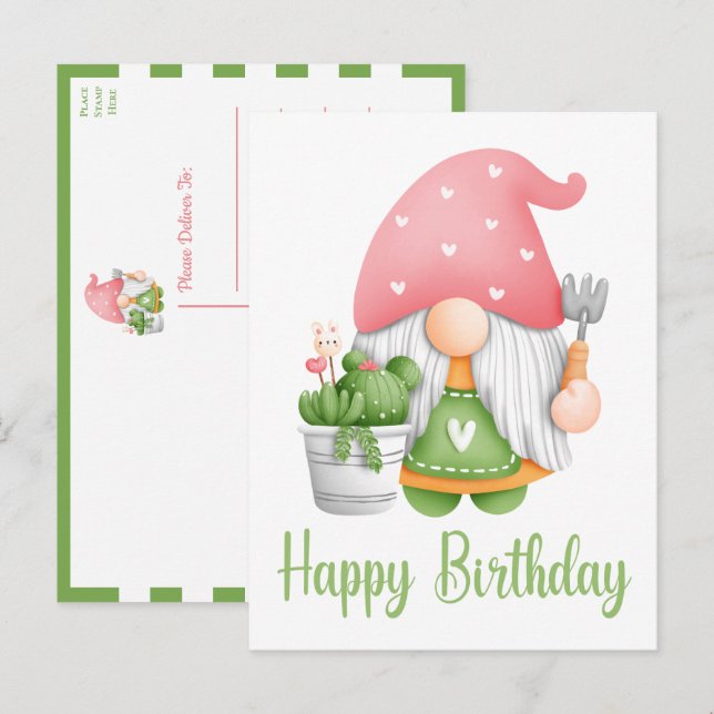 Cute Pink Green Watercolor Cartoon Gnome Birthday Postcard (Front/Back)