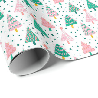 Cute Pink & Green Xmas Trees Pattern Wrapping Paper