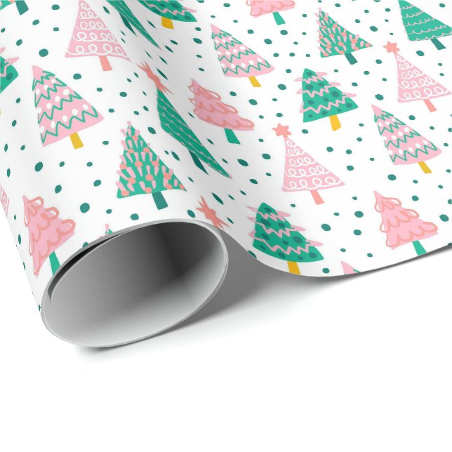 Cute Pink & Green Xmas Trees Pattern Wrapping Paper (Roll Corner)