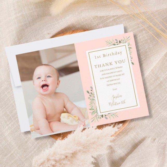 Cute Pink Greenery 1st Birthday Photo Thank You Card (Creator Uploaded)