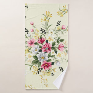 cute pink grey and yellow flowers with green leave bath towel