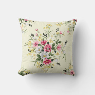 cute pink grey and yellow flowers with green leave cushion