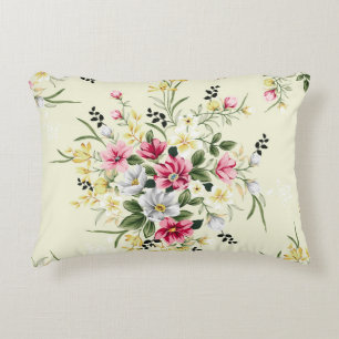 cute pink grey and yellow flowers with green leave decorative cushion