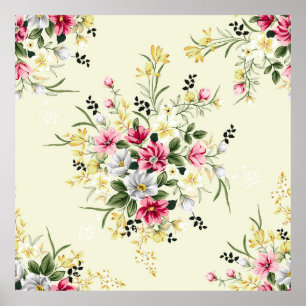 cute pink grey and yellow flowers with green leave poster