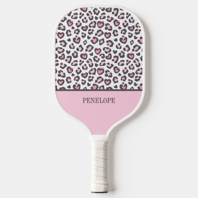 Cute Pink Grey Animal Leopard Print Pickleball Paddle (Front)