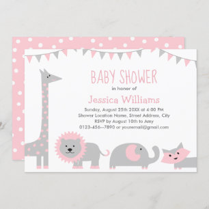 Cute Pink Grey Animals Baby Shower Invitation Girl