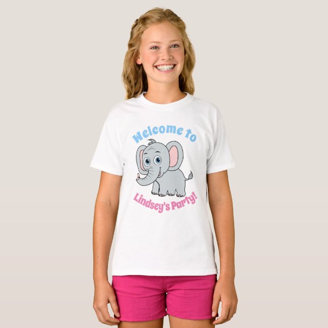 Cute Pink & Grey Blue Eyed Cartoon Elephant T-Shirt (Front Full)