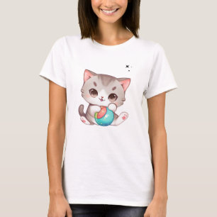 Cute Pink Grey Brown Cats Playing Ball Black Stars T-Shirt