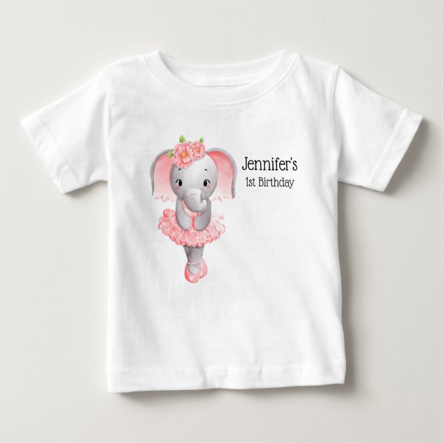Cute Pink & Grey Elephant Ballerina Birthday Baby T-Shirt (Front)