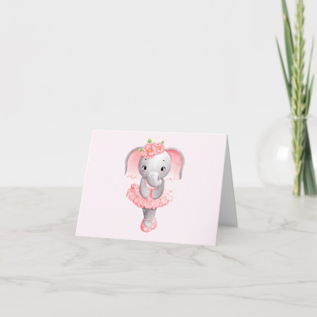 Cute Pink & Grey Elephant Ballerina Thank You Card (Front)