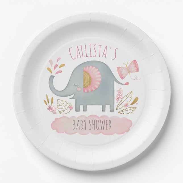 Cute Pink Grey Elephant Girl Baby Shower Paper Plate (Front)