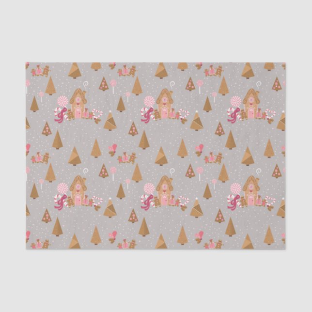 Cute Pink Grey Gingerbread Candy Cane Tissue Paper (Front)