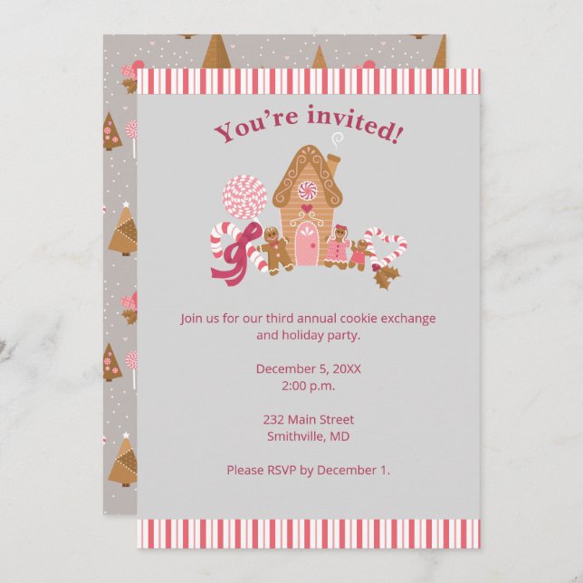 Cute Pink Grey Gingerbread Candy Invitation (Front/Back)