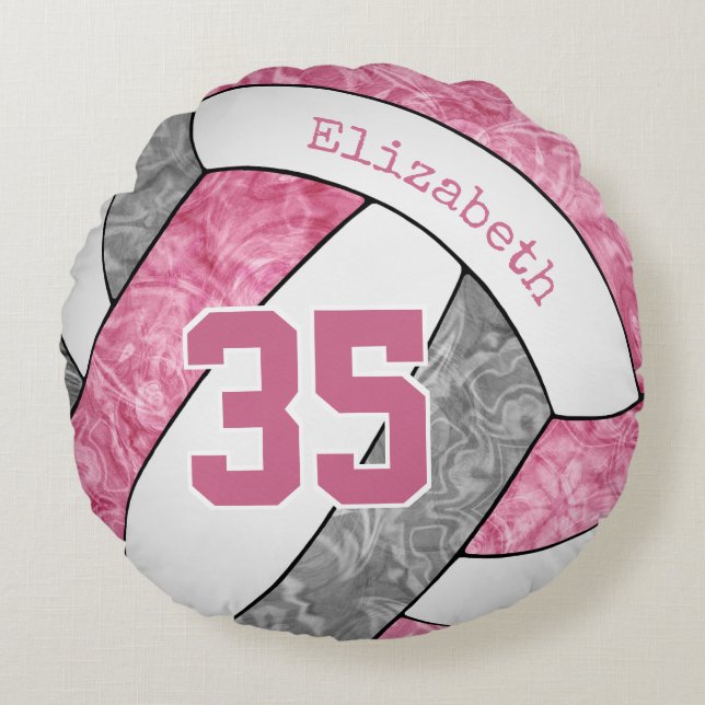 cute pink grey girls volleyball personalised round cushion (Front)