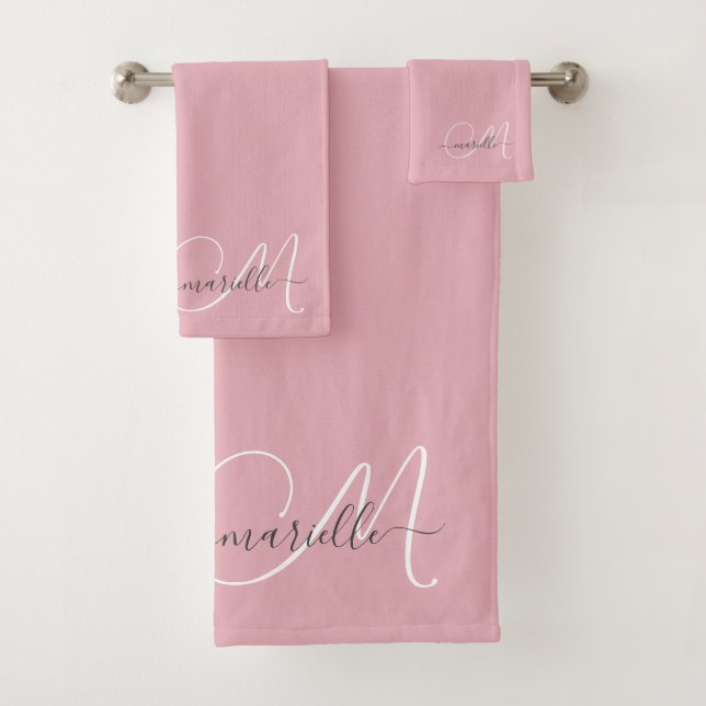 Cute Pink Grey Monogram Script Name Elegant Bath Towel Set (Insitu)