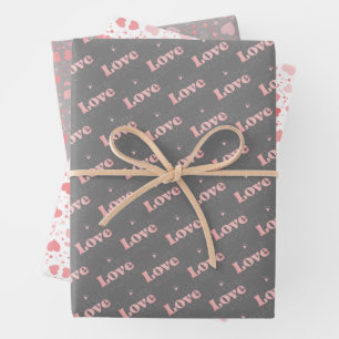 Cute Pink/Grey Valentine ‘Love’ & Heart Pattern  Wrapping Paper Sheet