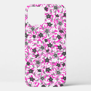Cute pink grey white abstract flowers iPhone 12 pro case