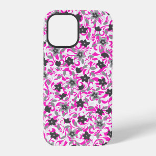 Cute pink grey white abstract flowers iPhone 12 pro case