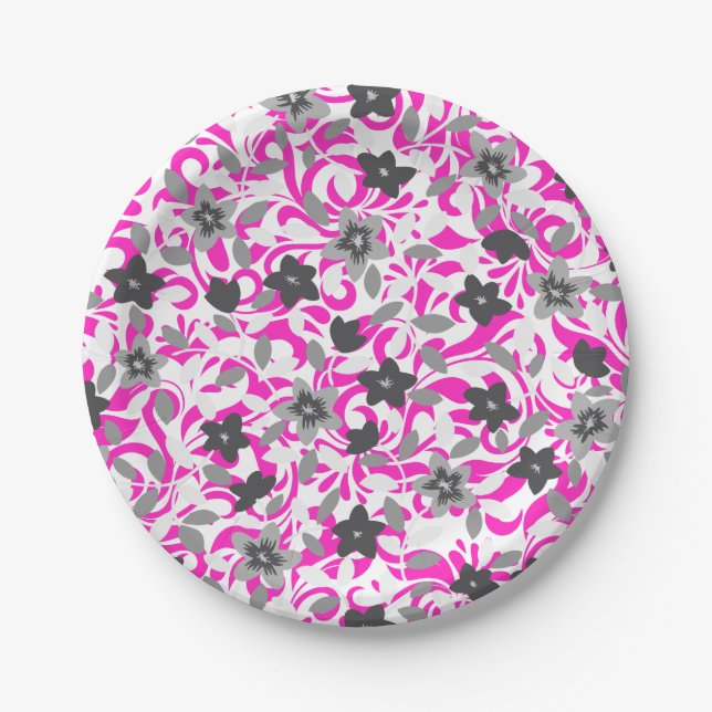 Cute pink grey white abstract flowers paper plate (Front)