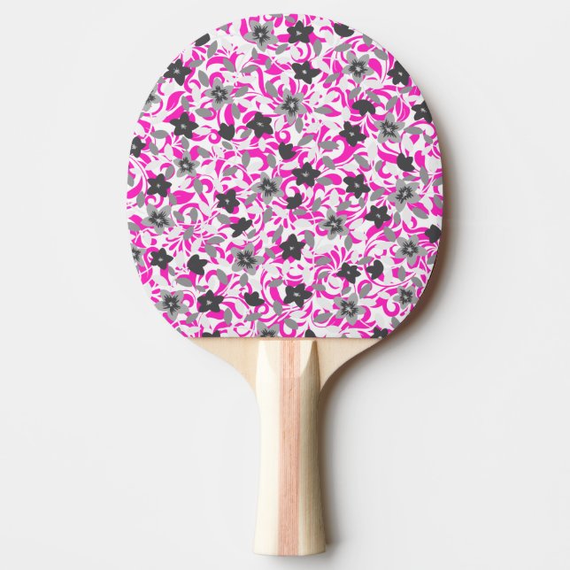 Cute pink grey white abstract flowers ping pong paddle (Front)
