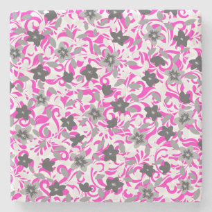 Cute pink grey white abstract flowers stone coaster