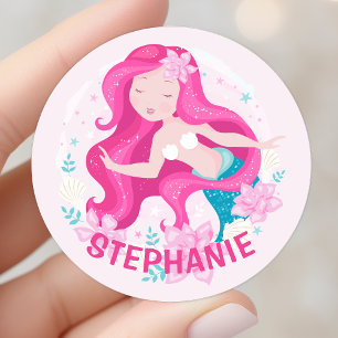 Cute Pink Hair Mermaid Girls Fantasy Personalised Classic Round Sticker