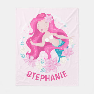 Cute Pink Hair Mermaid Girls Fantasy Personalised Fleece Blanket