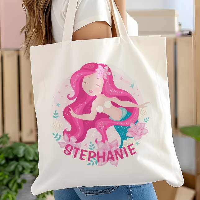Cute Pink Hair Mermaid Girls Fantasy Personalised Tote Bag (Creator Uploaded)