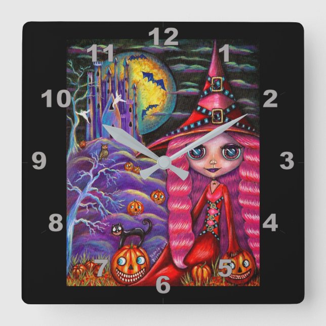 Cute Pink Hair Witch Doll Purple Castle Square Wall Clock (Front)