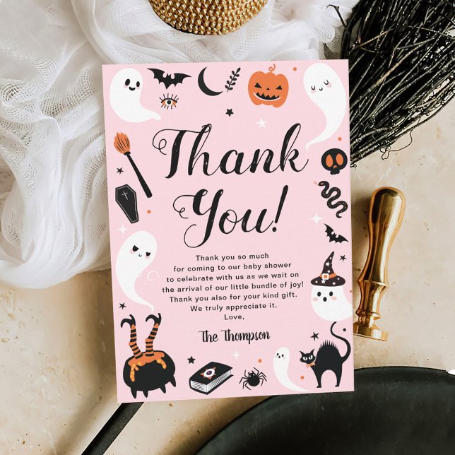 Cute Pink Halloween Baby Girl Shower Thank You Card (Creator Uploaded)