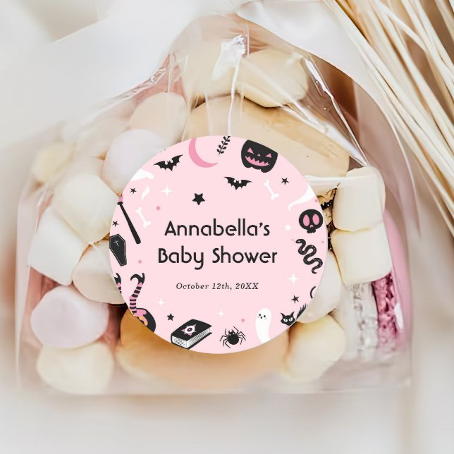 Cute Pink Halloween Baby Shower Classic Round Sticker (Creator Uploaded)